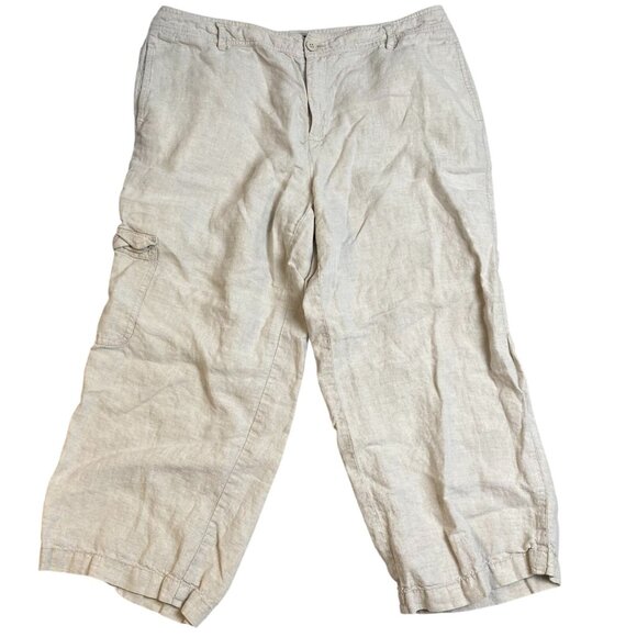 Liz Claiborne Women's Cargo Pants Size 16 Beige 100% Linen Casual Wide Leg Crop - Picture 1 of 16